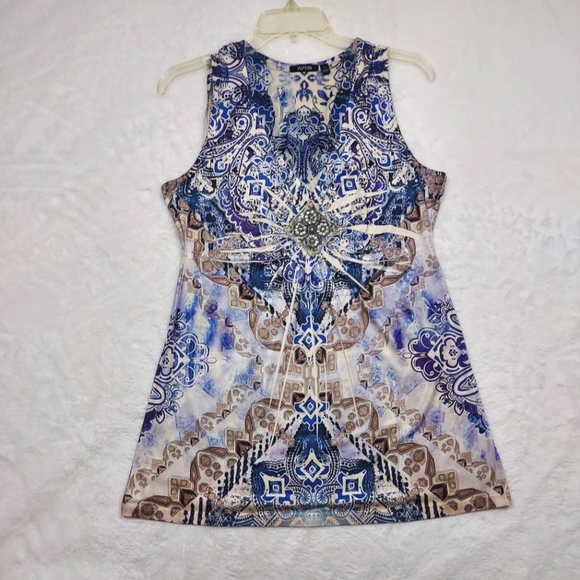 Apt. 9 Tops - Apt. 9 Blue Cream Tan Design Beaded Detail Sleeveless Stretch Tunic Blouse Sz S